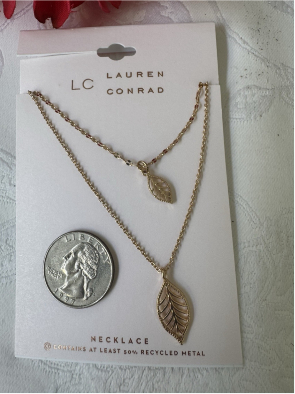 LC Lauren Conrad Dainty 2 Layer Leaf Filigree Goldtone Charm 16" Necklace NWT